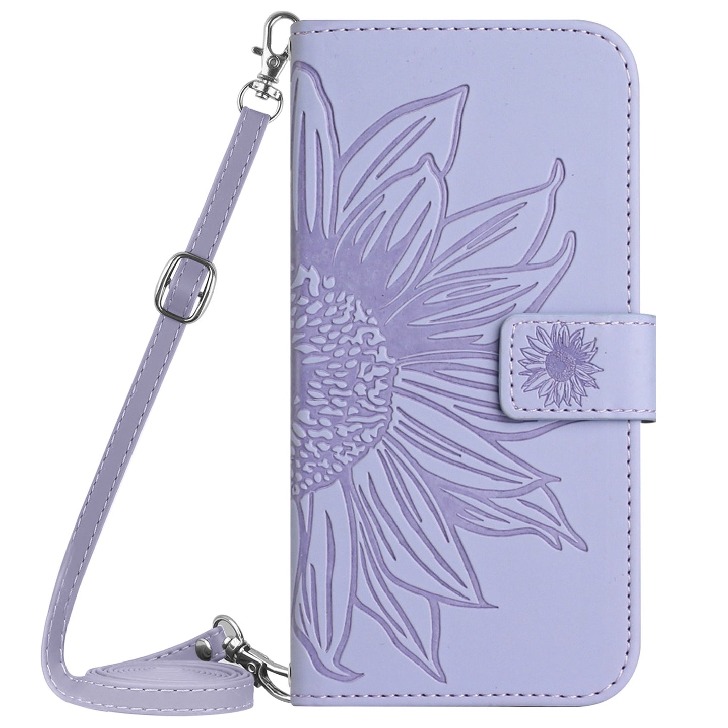HT04 For Xiaomi Redmi 12 5G / Poco M6 Pro 5G Leather Wallet Phone Case Sunflower Imprint Stand Cover with Shoulder Strap
