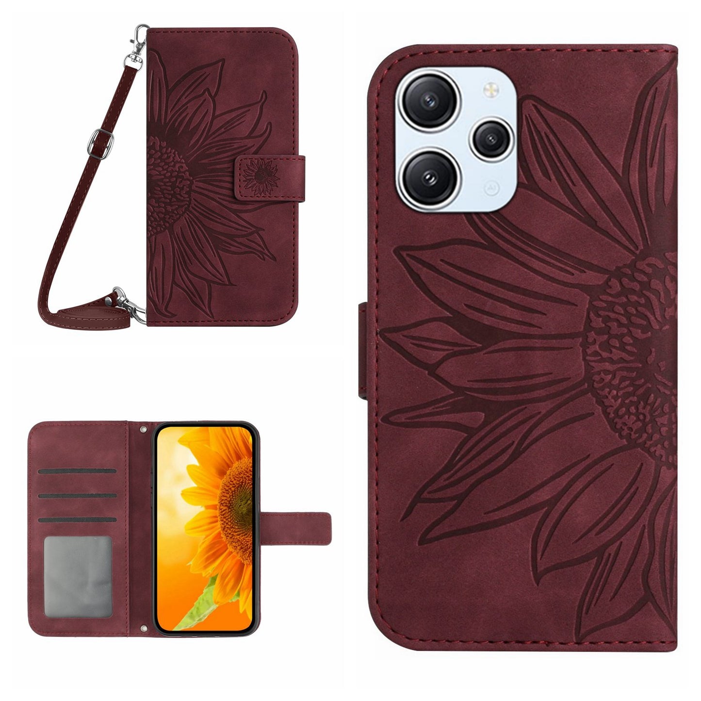 HT04 For Xiaomi Redmi 12 5G / Poco M6 Pro 5G Leather Wallet Phone Case Sunflower Imprint Stand Cover with Shoulder Strap