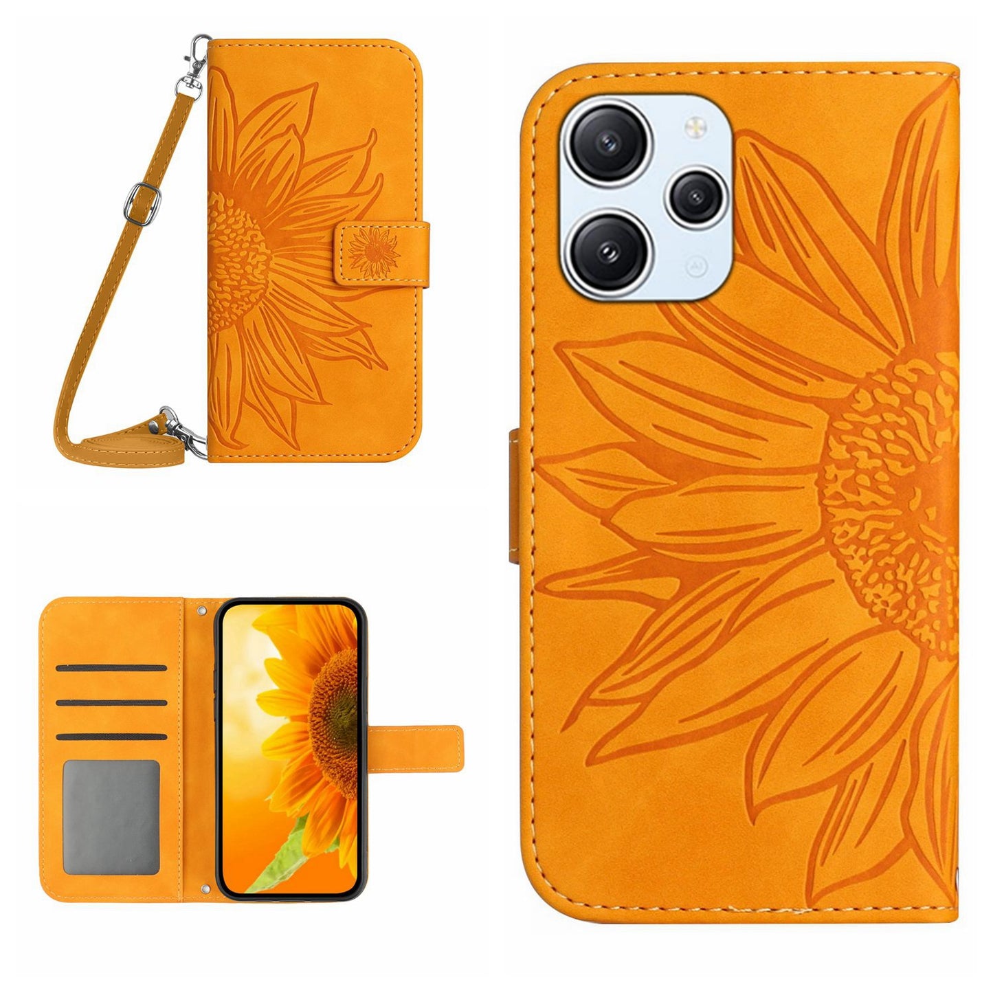 HT04 For Xiaomi Redmi 12 5G / Poco M6 Pro 5G Leather Wallet Phone Case Sunflower Imprint Stand Cover with Shoulder Strap