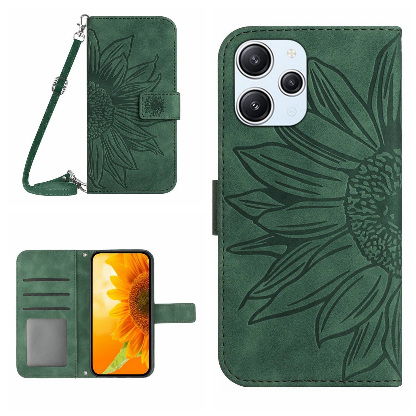 HT04 For Xiaomi Redmi 12 5G / Poco M6 Pro 5G Leather Wallet Phone Case Sunflower Imprint Stand Cover with Shoulder Strap