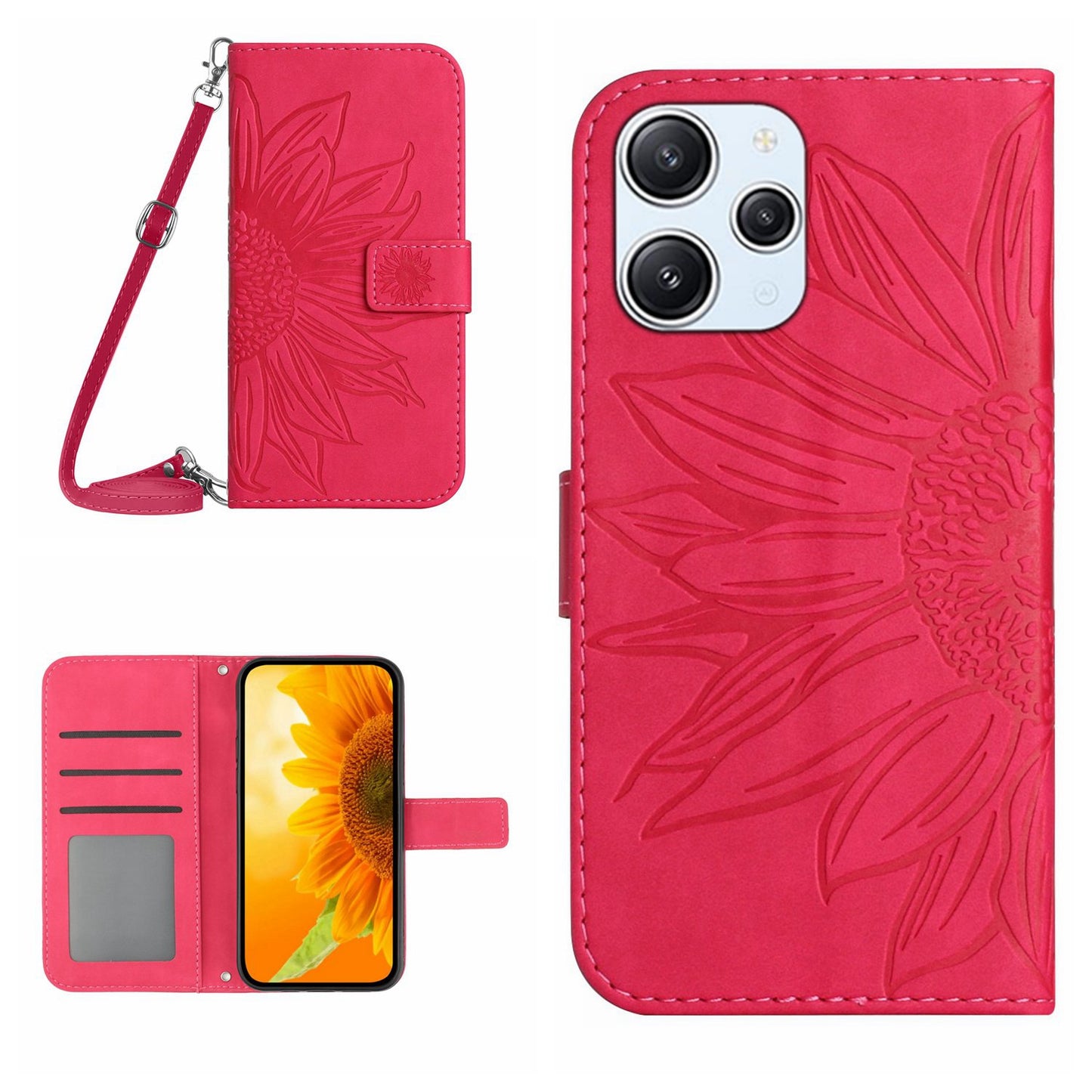 HT04 For Xiaomi Redmi 12 5G / Poco M6 Pro 5G Leather Wallet Phone Case Sunflower Imprint Stand Cover with Shoulder Strap