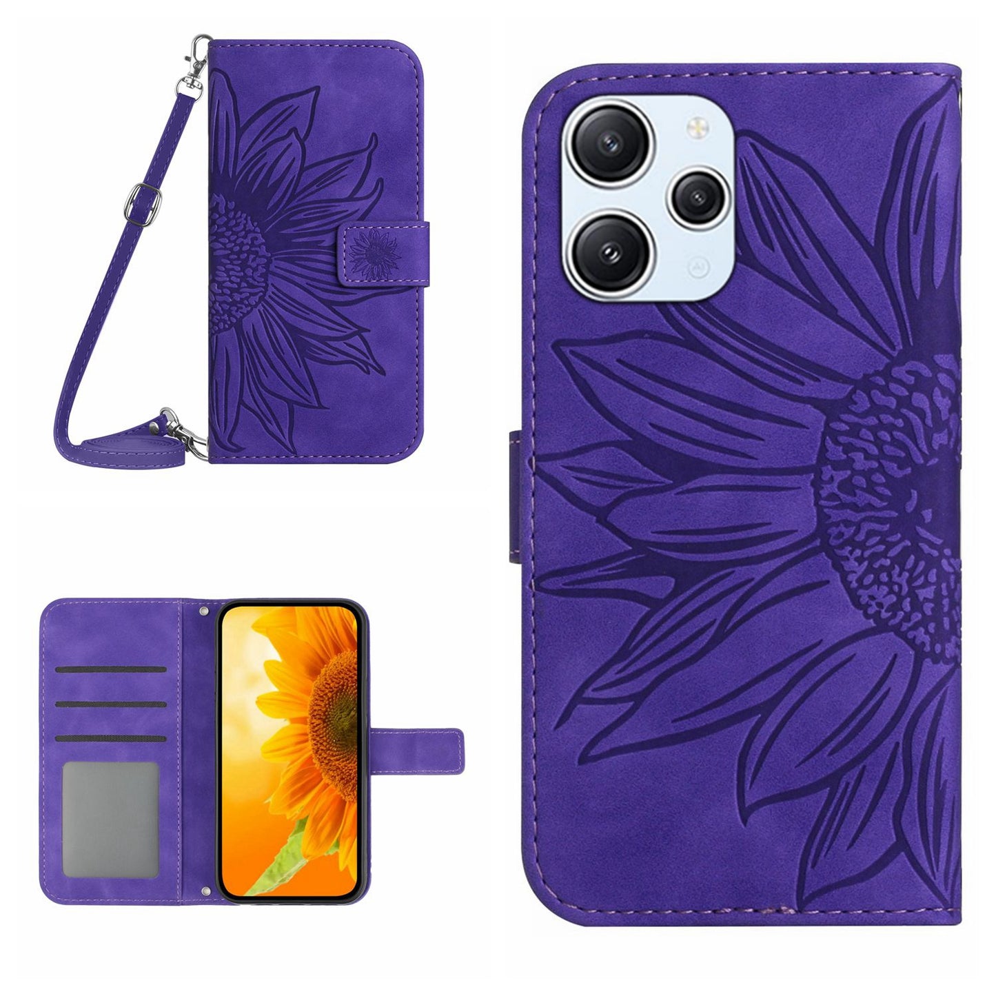 HT04 For Xiaomi Redmi 12 5G / Poco M6 Pro 5G Leather Wallet Phone Case Sunflower Imprint Stand Cover with Shoulder Strap