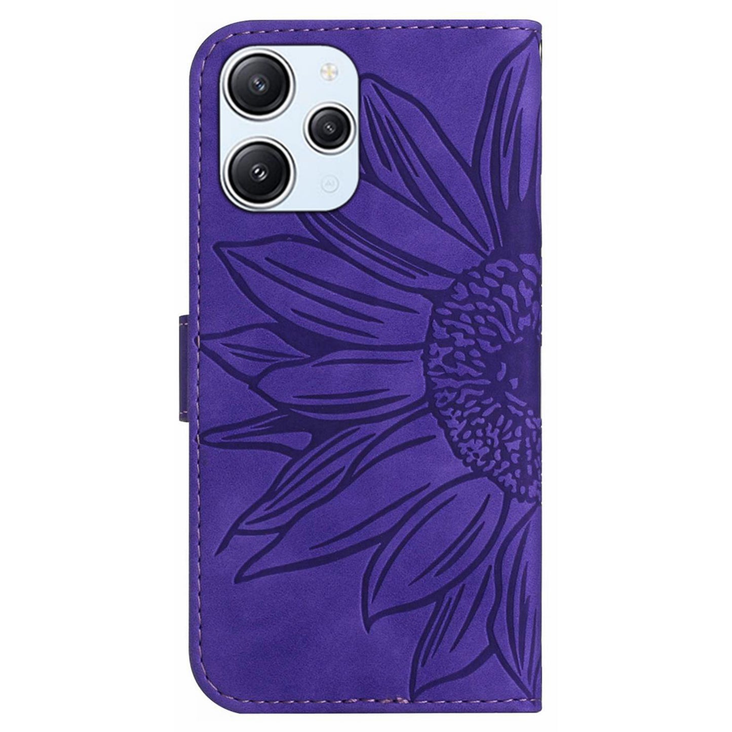 HT04 For Xiaomi Redmi 12 5G / Poco M6 Pro 5G Leather Wallet Phone Case Sunflower Imprint Stand Cover with Shoulder Strap