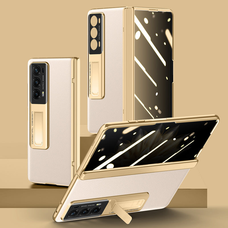 For Honor Magic V2 5G Electroplating PU Leather Coated PC Phone Case Hinge Protection Kickstand Cover with Anti-spy Tempered Glass Film