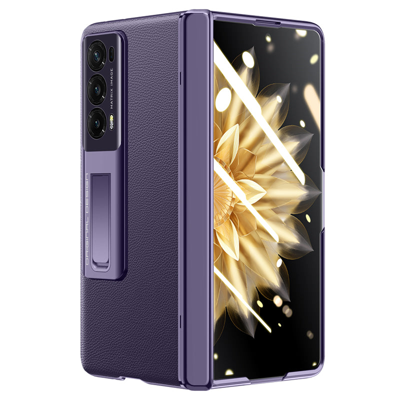 For Honor Magic V2 5G PU Leather Coated PC Phone Case Electroplating Hinge Protection Kickstand Cover with Clear Tempered Glass Film
