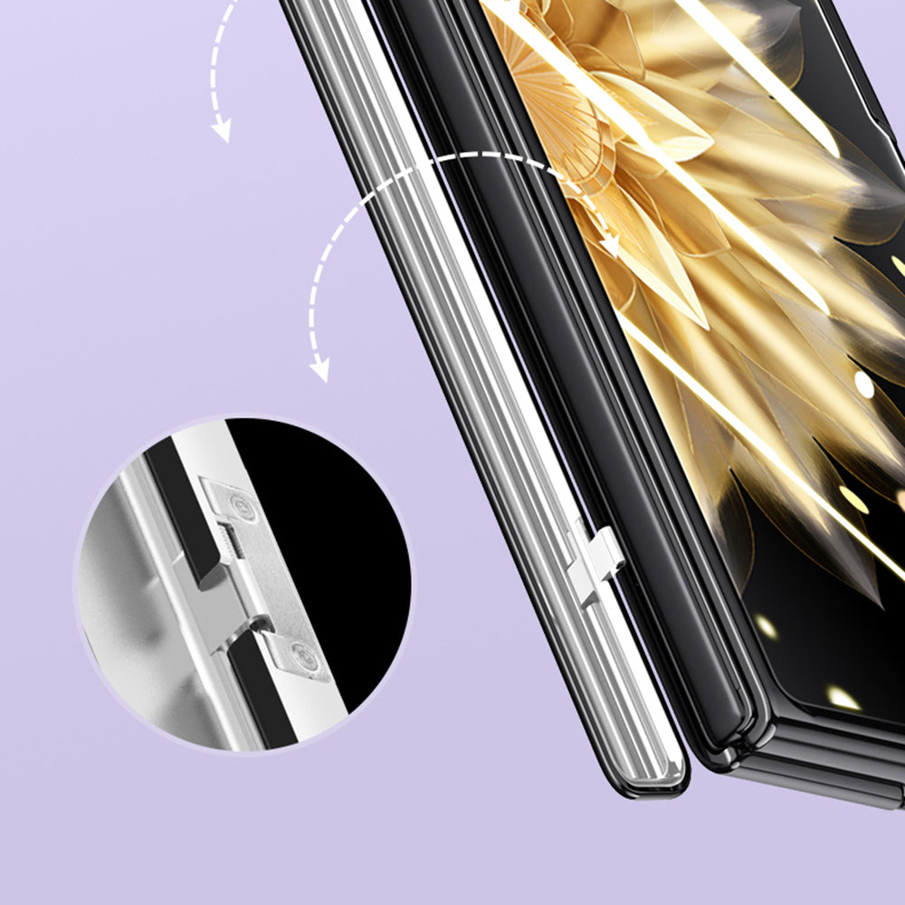 For Honor Magic V2 5G PU Leather Coated PC Phone Case Electroplating Hinge Protection Kickstand Cover with Clear Tempered Glass Film