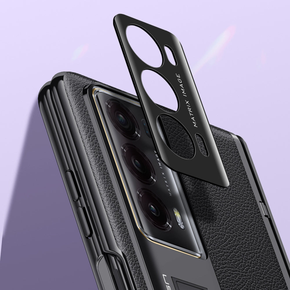 For Honor Magic V2 5G PU Leather Coated PC Phone Case Electroplating Hinge Protection Kickstand Cover with Clear Tempered Glass Film