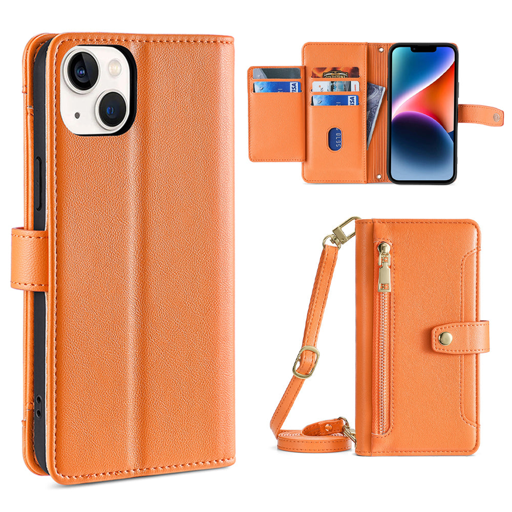 Phone Case Wallet for iPhone 15 , Zipper Pocket PU Leather Stand Card Slots Cover with Wrist Strap and Shoulder Strap