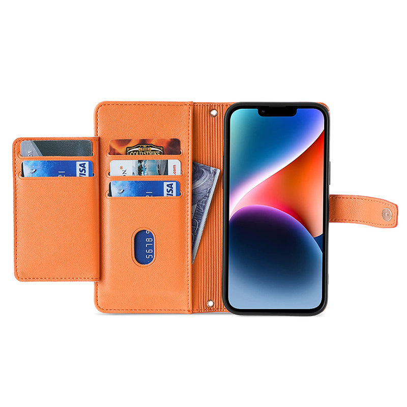 Phone Case Wallet for iPhone 15 , Zipper Pocket PU Leather Stand Card Slots Cover with Wrist Strap and Shoulder Strap