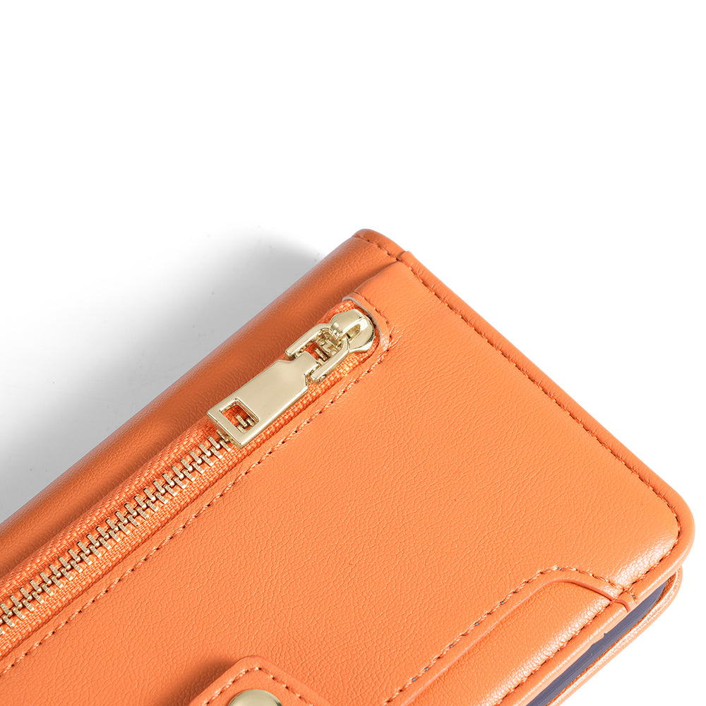 Phone Case Wallet for iPhone 15 , Zipper Pocket PU Leather Stand Card Slots Cover with Wrist Strap and Shoulder Strap