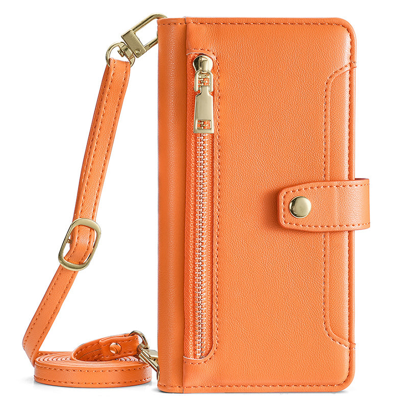 Phone Case Wallet for iPhone 15 , Zipper Pocket PU Leather Stand Card Slots Cover with Wrist Strap and Shoulder Strap