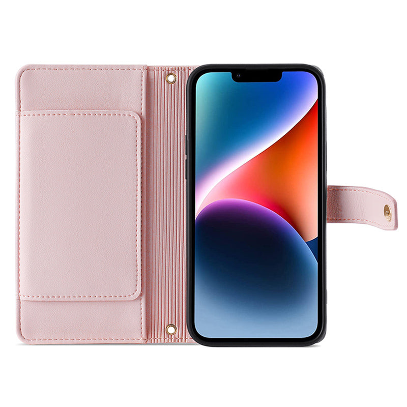 Phone Case Wallet for iPhone 15 , Zipper Pocket PU Leather Stand Card Slots Cover with Wrist Strap and Shoulder Strap
