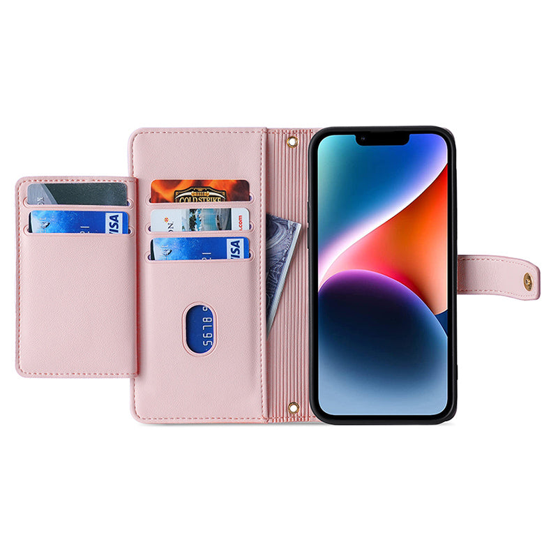 Phone Case Wallet for iPhone 15 , Zipper Pocket PU Leather Stand Card Slots Cover with Wrist Strap and Shoulder Strap