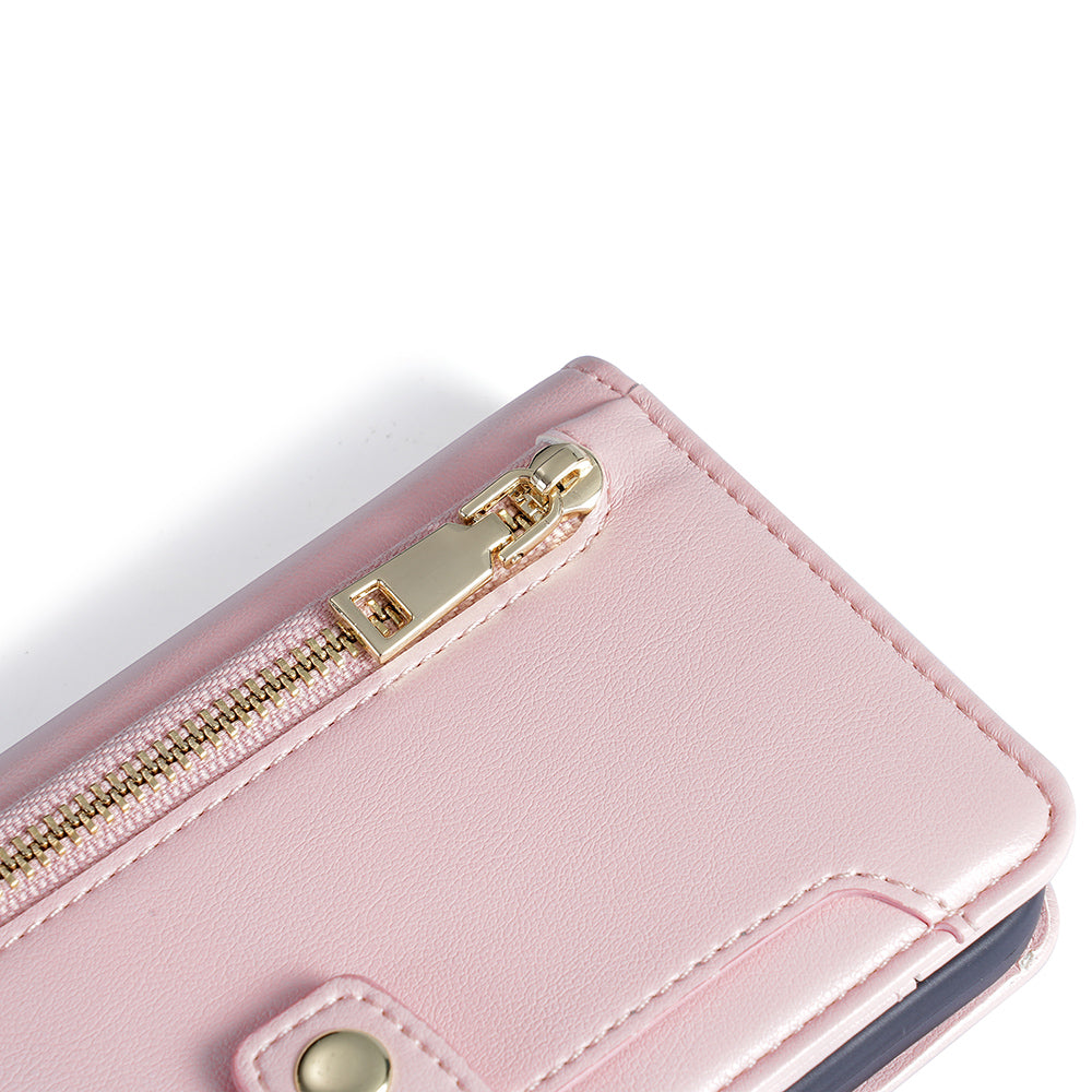Phone Case Wallet for iPhone 15 , Zipper Pocket PU Leather Stand Card Slots Cover with Wrist Strap and Shoulder Strap
