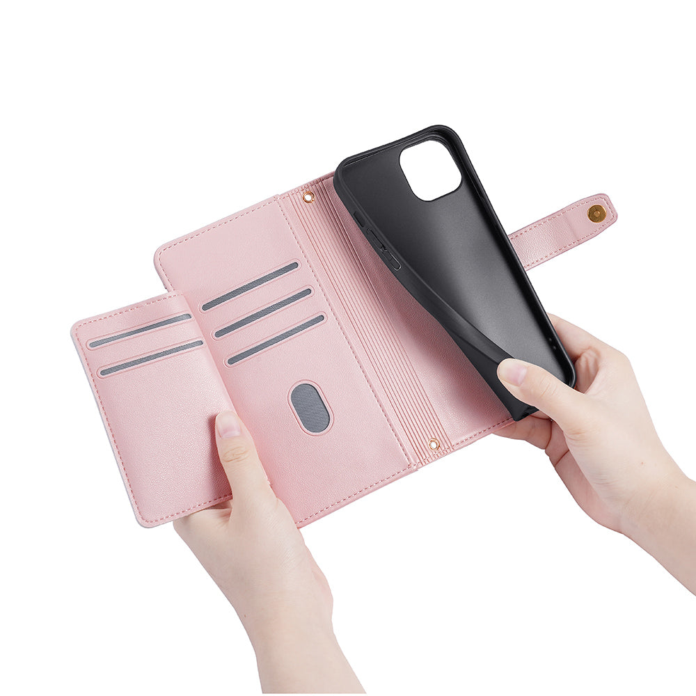 Phone Case Wallet for iPhone 15 , Zipper Pocket PU Leather Stand Card Slots Cover with Wrist Strap and Shoulder Strap