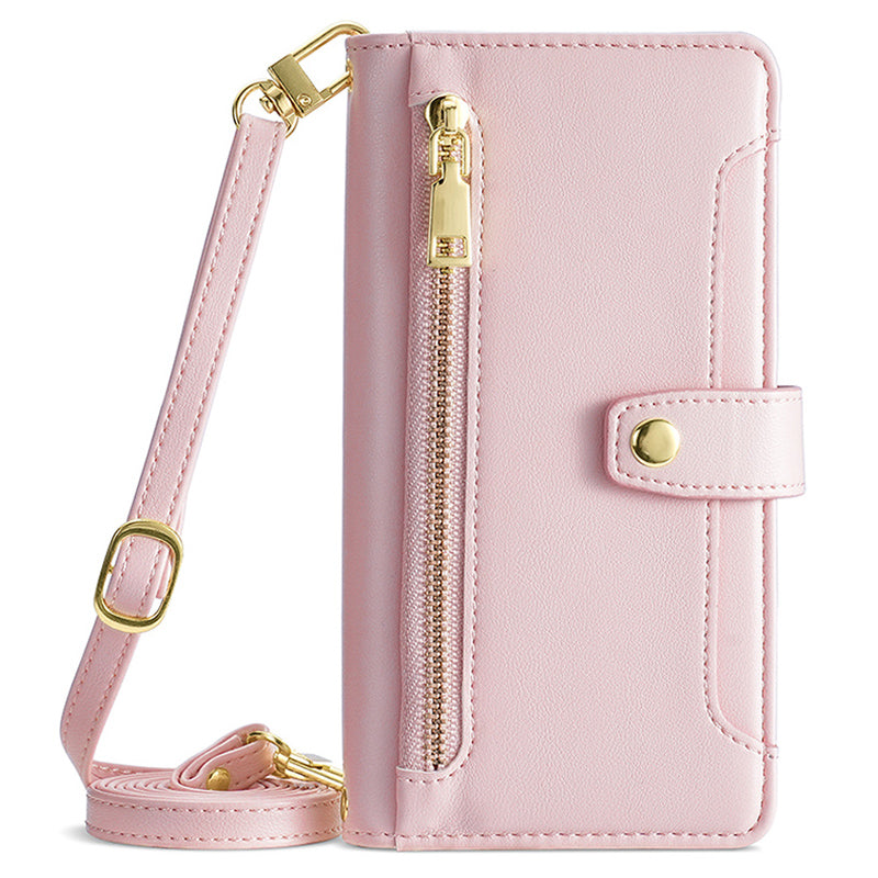 Phone Case Wallet for iPhone 15 , Zipper Pocket PU Leather Stand Card Slots Cover with Wrist Strap and Shoulder Strap