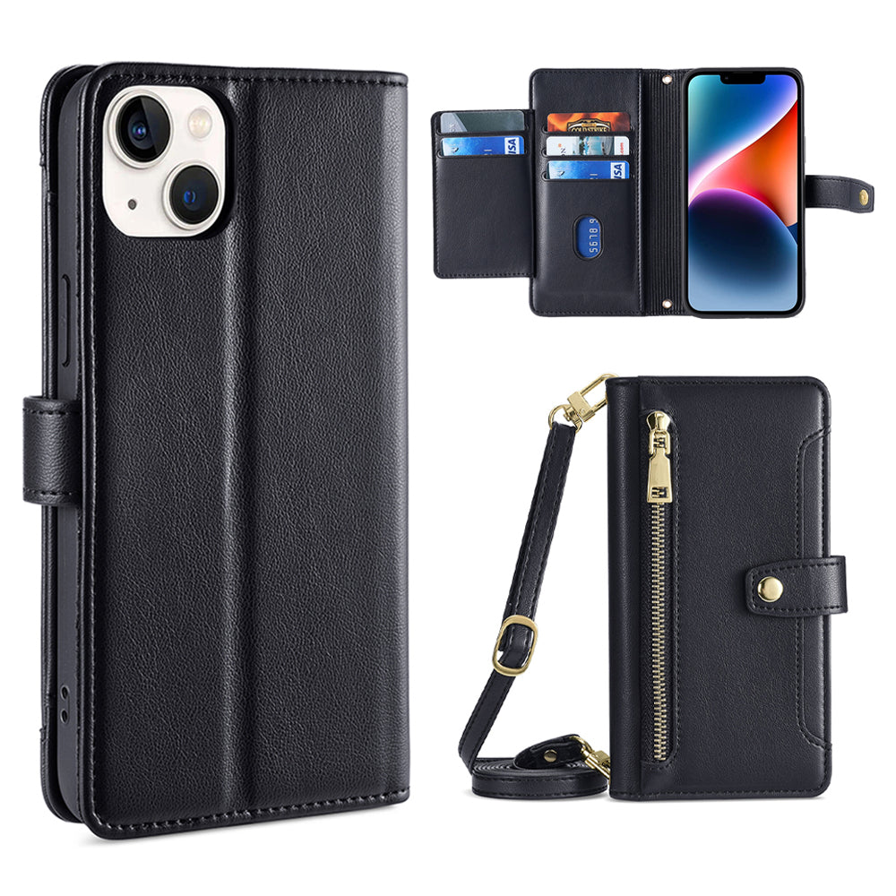 Phone Case Wallet for iPhone 15 , Zipper Pocket PU Leather Stand Card Slots Cover with Wrist Strap and Shoulder Strap