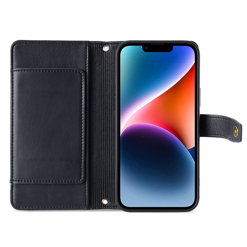 Phone Case Wallet for iPhone 15 , Zipper Pocket PU Leather Stand Card Slots Cover with Wrist Strap and Shoulder Strap