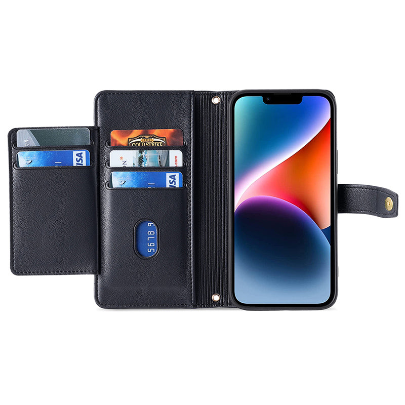 Phone Case Wallet for iPhone 15 , Zipper Pocket PU Leather Stand Card Slots Cover with Wrist Strap and Shoulder Strap