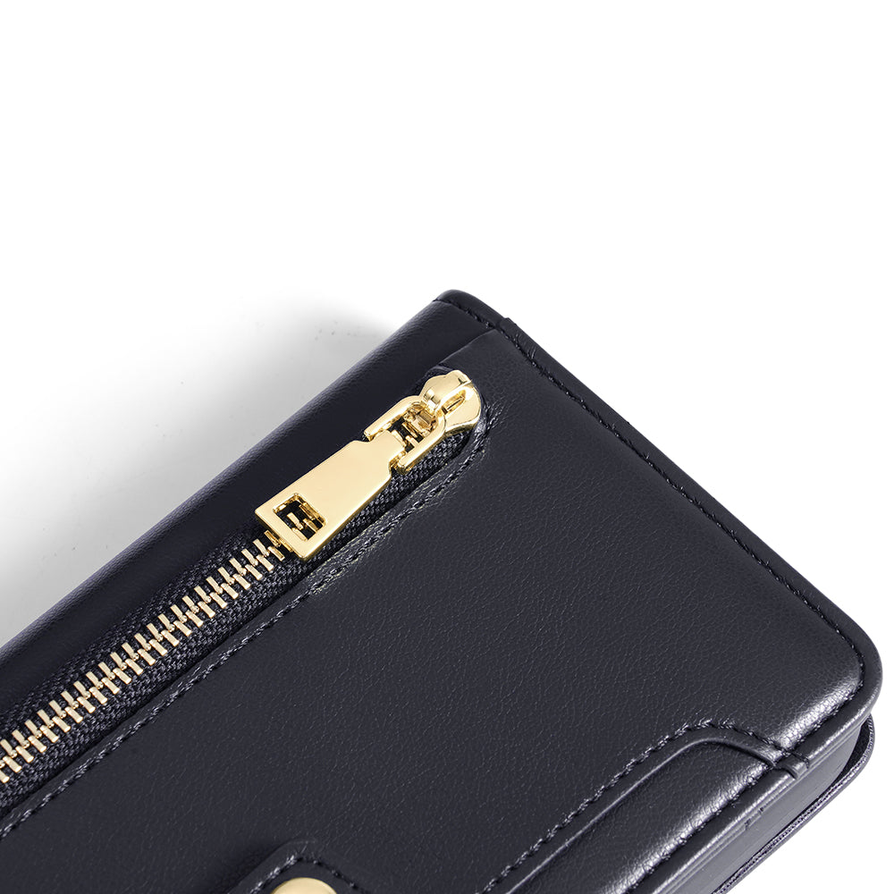 Phone Case Wallet for iPhone 15 , Zipper Pocket PU Leather Stand Card Slots Cover with Wrist Strap and Shoulder Strap