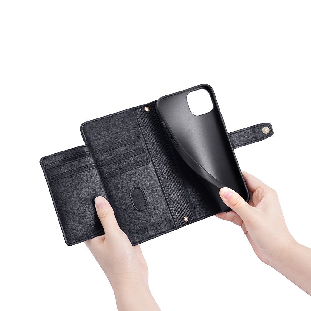 Phone Case Wallet for iPhone 15 , Zipper Pocket PU Leather Stand Card Slots Cover with Wrist Strap and Shoulder Strap