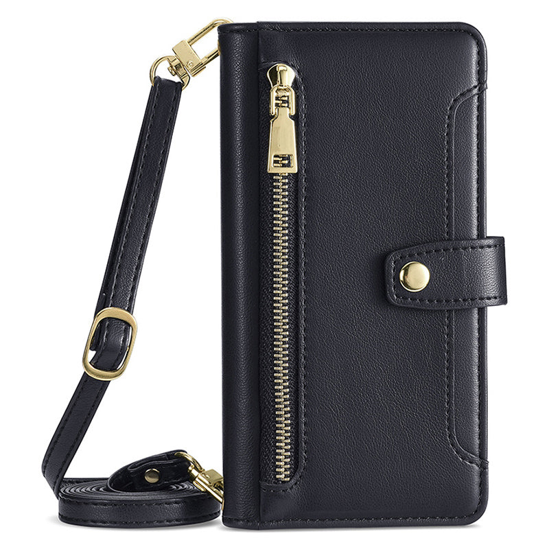 Phone Case Wallet for iPhone 15 , Zipper Pocket PU Leather Stand Card Slots Cover with Wrist Strap and Shoulder Strap