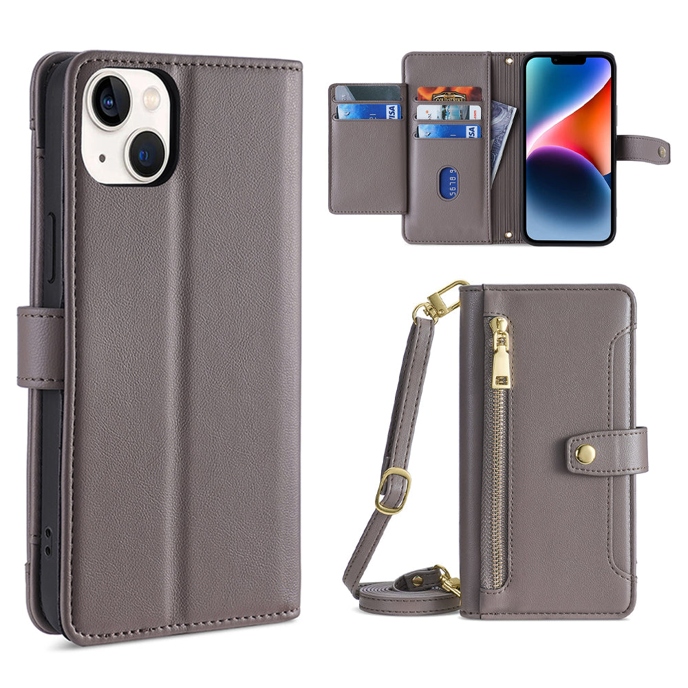Phone Case Wallet for iPhone 15 , Zipper Pocket PU Leather Stand Card Slots Cover with Wrist Strap and Shoulder Strap