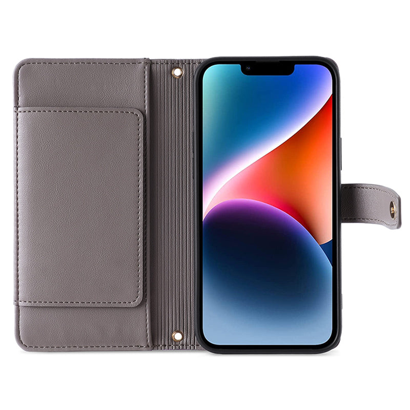 Phone Case Wallet for iPhone 15 , Zipper Pocket PU Leather Stand Card Slots Cover with Wrist Strap and Shoulder Strap