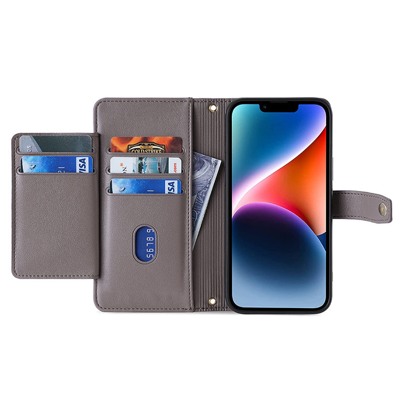 Phone Case Wallet for iPhone 15 , Zipper Pocket PU Leather Stand Card Slots Cover with Wrist Strap and Shoulder Strap