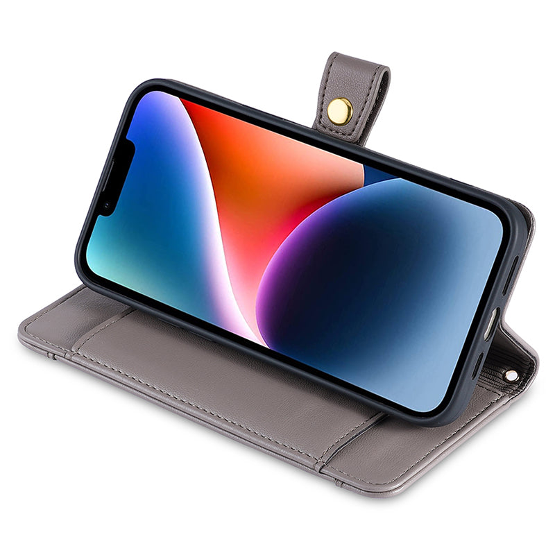 Phone Case Wallet for iPhone 15 , Zipper Pocket PU Leather Stand Card Slots Cover with Wrist Strap and Shoulder Strap