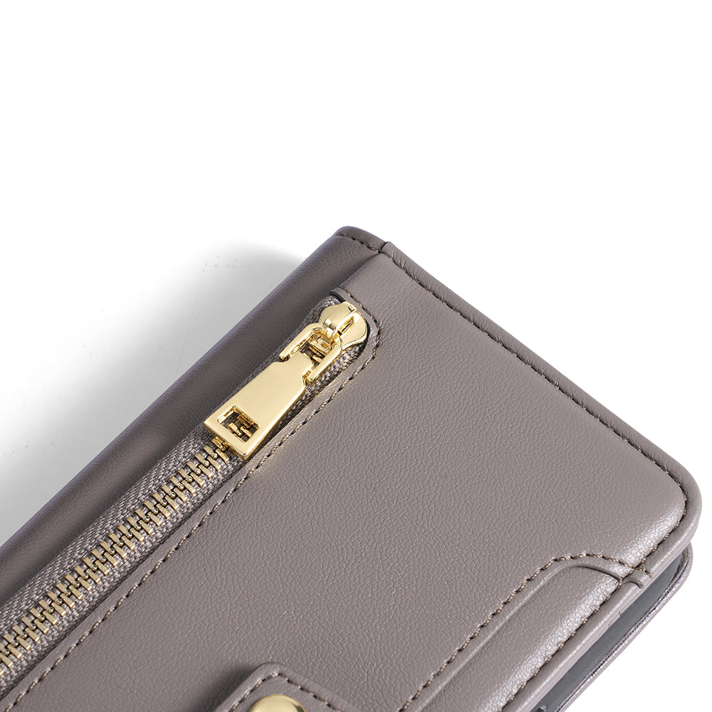 Phone Case Wallet for iPhone 15 , Zipper Pocket PU Leather Stand Card Slots Cover with Wrist Strap and Shoulder Strap