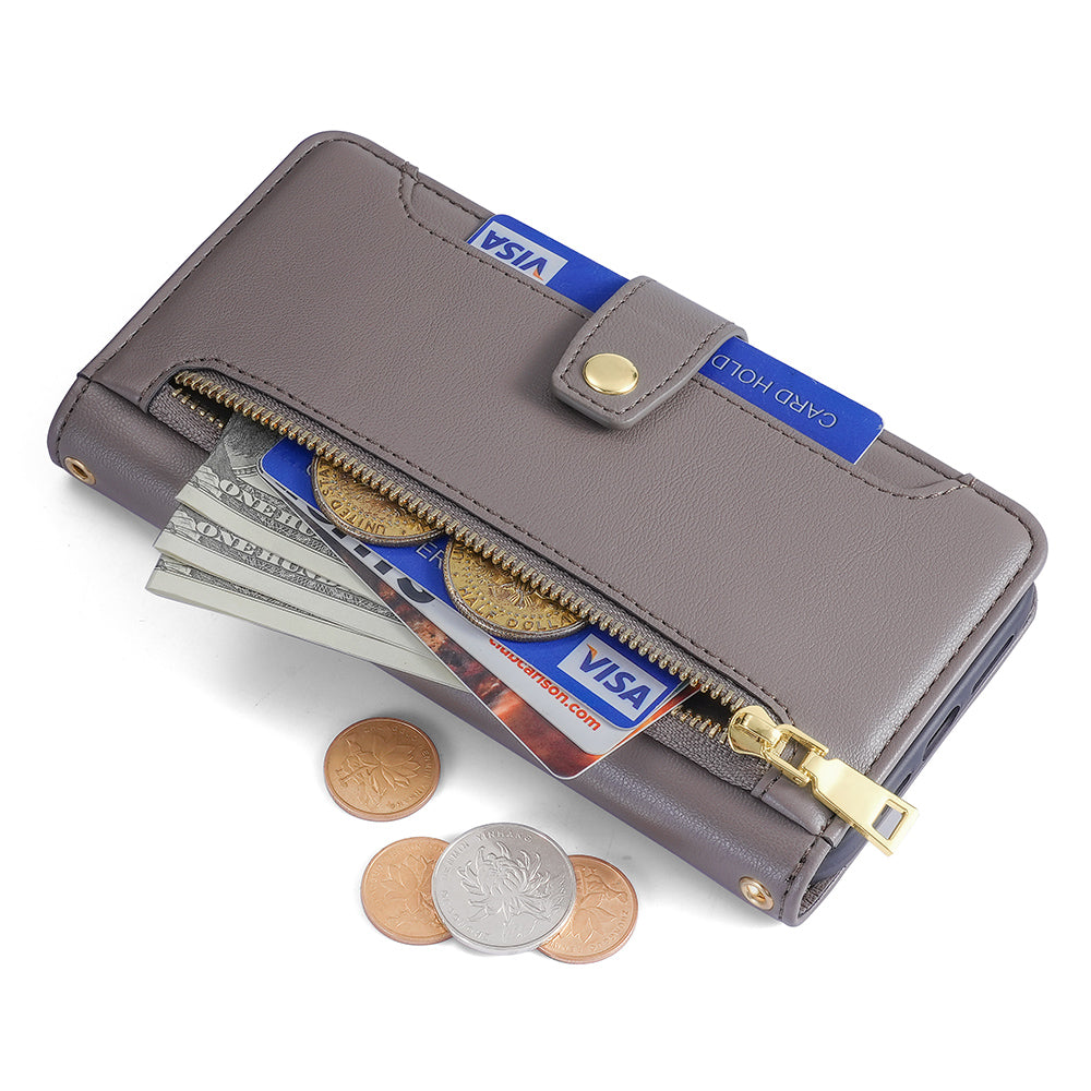 Phone Case Wallet for iPhone 15 , Zipper Pocket PU Leather Stand Card Slots Cover with Wrist Strap and Shoulder Strap