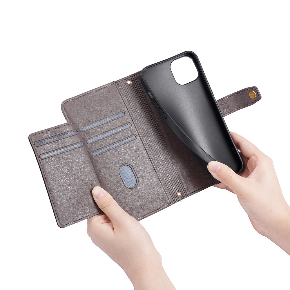 Phone Case Wallet for iPhone 15 , Zipper Pocket PU Leather Stand Card Slots Cover with Wrist Strap and Shoulder Strap