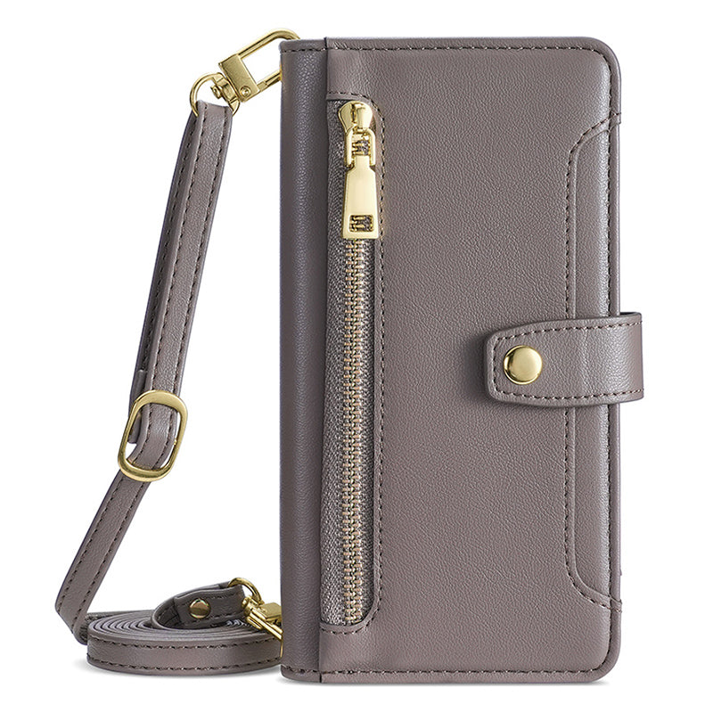 Phone Case Wallet for iPhone 15 , Zipper Pocket PU Leather Stand Card Slots Cover with Wrist Strap and Shoulder Strap