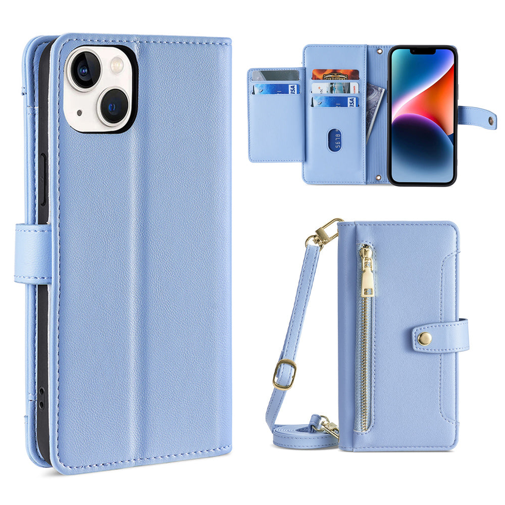 Phone Case Wallet for iPhone 15 , Zipper Pocket PU Leather Stand Card Slots Cover with Wrist Strap and Shoulder Strap