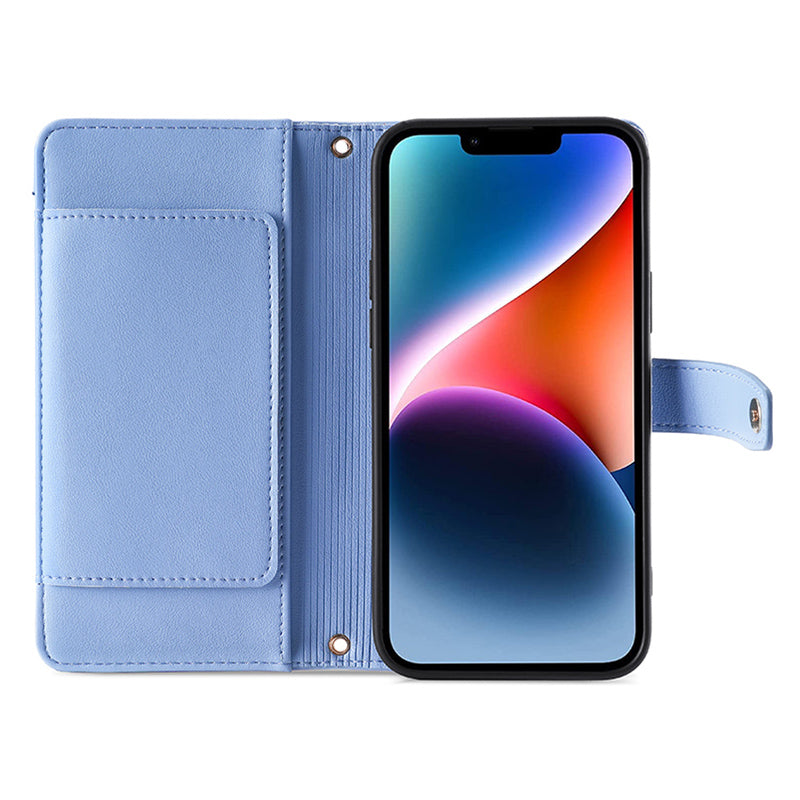 Phone Case Wallet for iPhone 15 , Zipper Pocket PU Leather Stand Card Slots Cover with Wrist Strap and Shoulder Strap