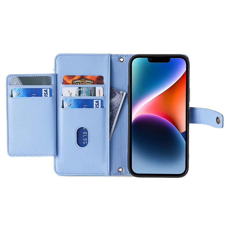 Phone Case Wallet for iPhone 15 , Zipper Pocket PU Leather Stand Card Slots Cover with Wrist Strap and Shoulder Strap