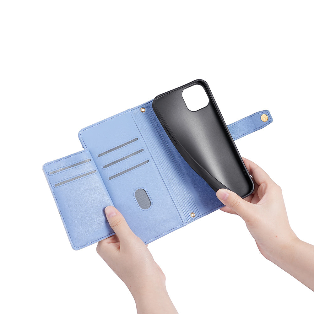 Phone Case Wallet for iPhone 15 , Zipper Pocket PU Leather Stand Card Slots Cover with Wrist Strap and Shoulder Strap