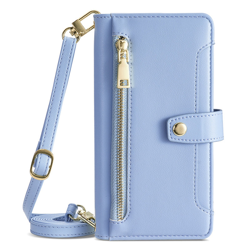 Phone Case Wallet for iPhone 15 , Zipper Pocket PU Leather Stand Card Slots Cover with Wrist Strap and Shoulder Strap