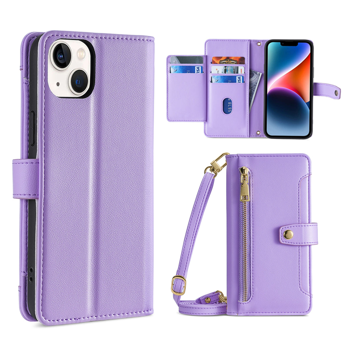 Phone Case Wallet for iPhone 15 , Zipper Pocket PU Leather Stand Card Slots Cover with Wrist Strap and Shoulder Strap