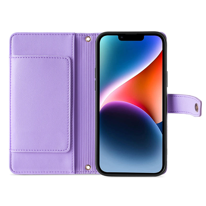 Phone Case Wallet for iPhone 15 , Zipper Pocket PU Leather Stand Card Slots Cover with Wrist Strap and Shoulder Strap