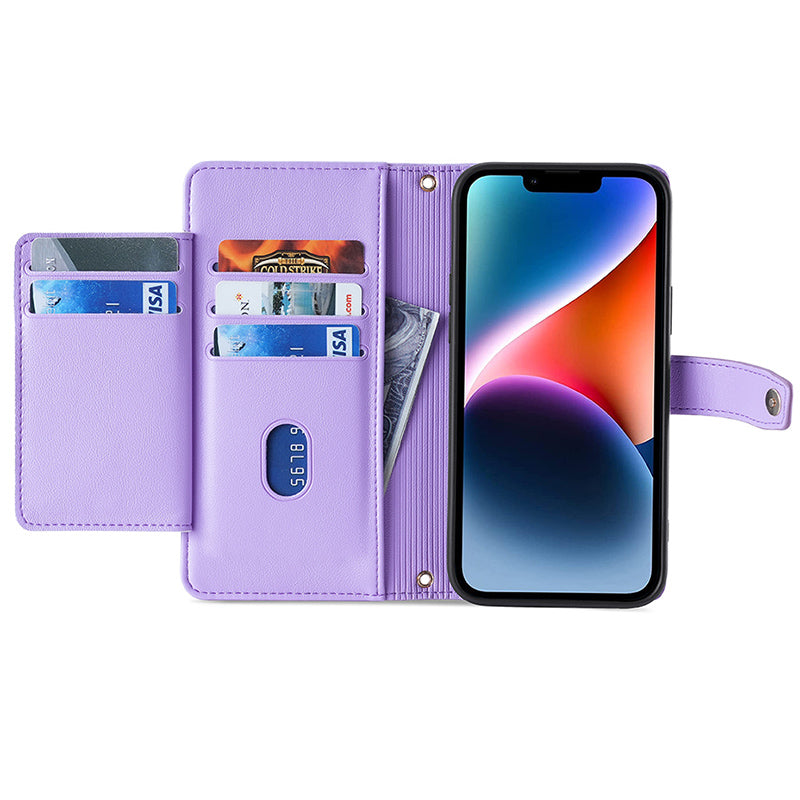 Phone Case Wallet for iPhone 15 , Zipper Pocket PU Leather Stand Card Slots Cover with Wrist Strap and Shoulder Strap