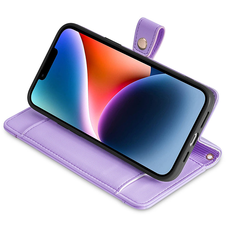 Phone Case Wallet for iPhone 15 , Zipper Pocket PU Leather Stand Card Slots Cover with Wrist Strap and Shoulder Strap