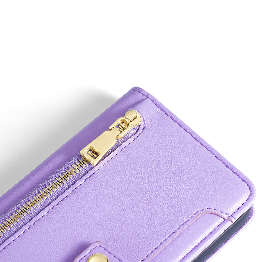 Phone Case Wallet for iPhone 15 , Zipper Pocket PU Leather Stand Card Slots Cover with Wrist Strap and Shoulder Strap