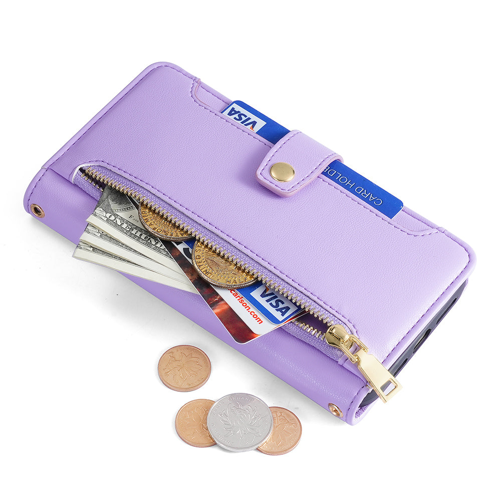 Phone Case Wallet for iPhone 15 , Zipper Pocket PU Leather Stand Card Slots Cover with Wrist Strap and Shoulder Strap
