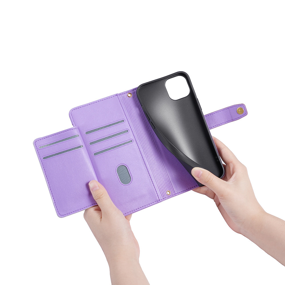 Phone Case Wallet for iPhone 15 , Zipper Pocket PU Leather Stand Card Slots Cover with Wrist Strap and Shoulder Strap