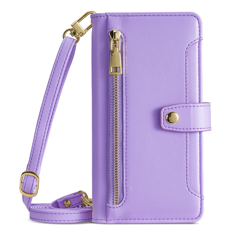 Phone Case Wallet for iPhone 15 , Zipper Pocket PU Leather Stand Card Slots Cover with Wrist Strap and Shoulder Strap