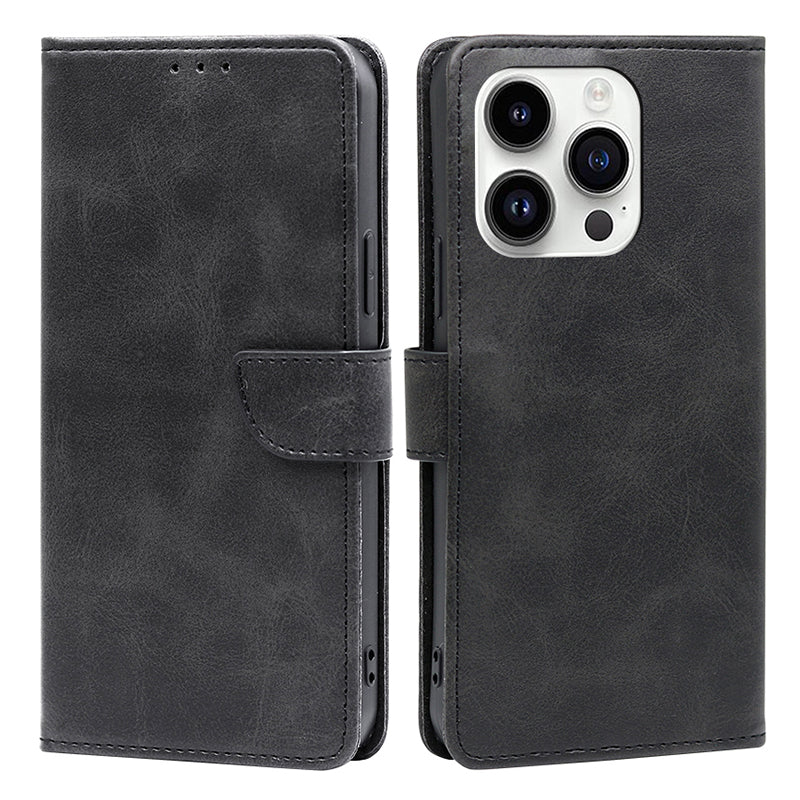 For iPhone 15 Pro Max PU Leather Stand Wallet Case Calf Texture Magnetic Clasp Phone Cover