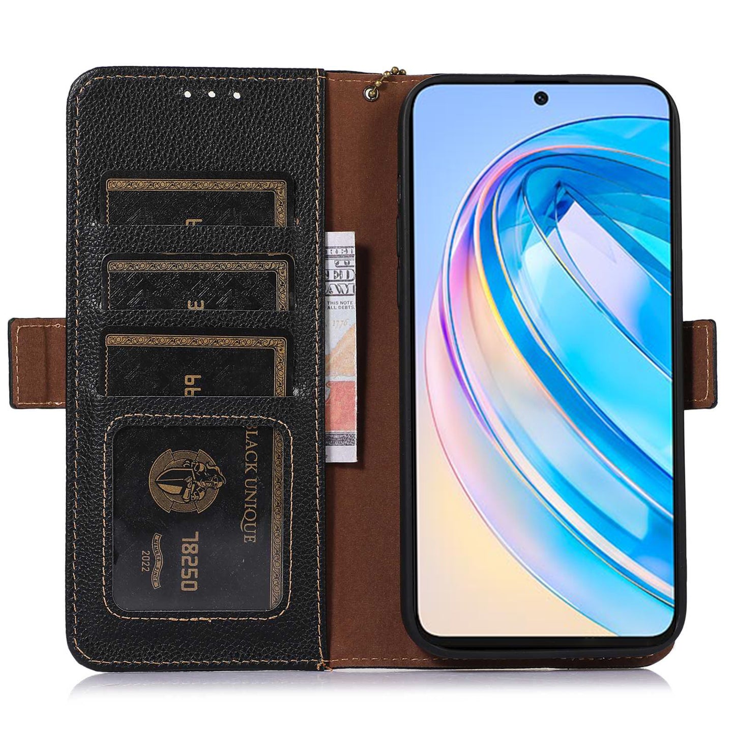For Huawei nova Y91 4G / Enjoy 60X Wallet Phone Case RFID Blocking Genuine Cow Leather Litchi Texture Stand Cover