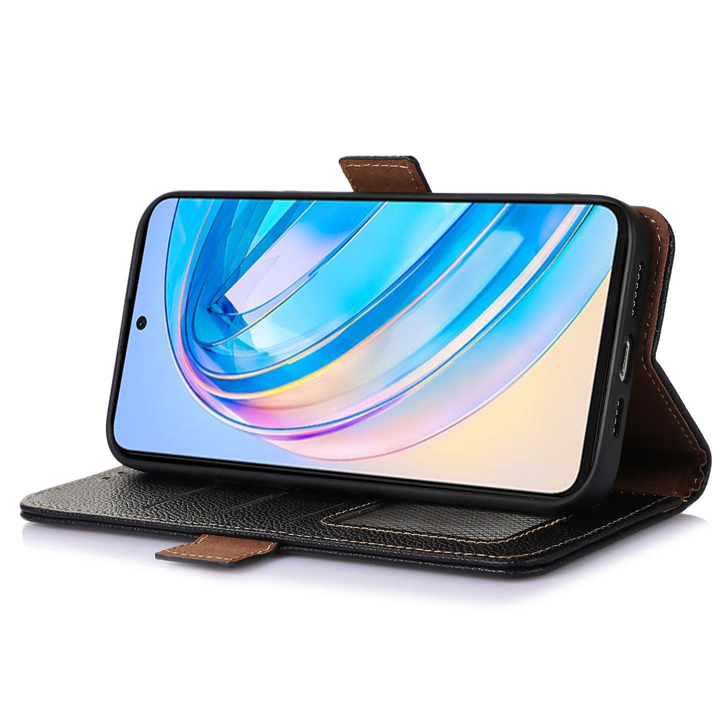 For Huawei nova Y91 4G / Enjoy 60X Wallet Phone Case RFID Blocking Genuine Cow Leather Litchi Texture Stand Cover